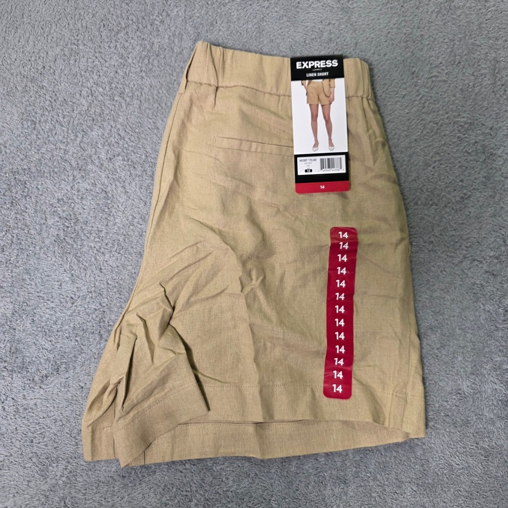 Express Womens 14 Linen Shorts‎ Tan High Rise Pleated Elastic Back EX012974